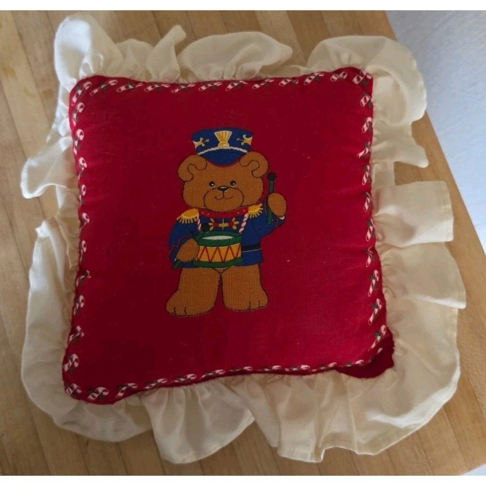 VTG 80's Cranston VIB Christmas Teddy Bear Soldier Ruffled Pillow Cottagecore